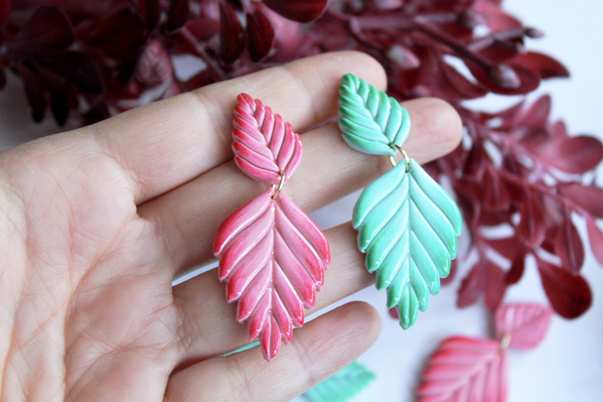 Ombre Leaf Dangle Earrings, Polymer Clay Botanical Statement Earrings, Mint Green & Coral Pink Handmade Lightweight Jewelry Gift for Her