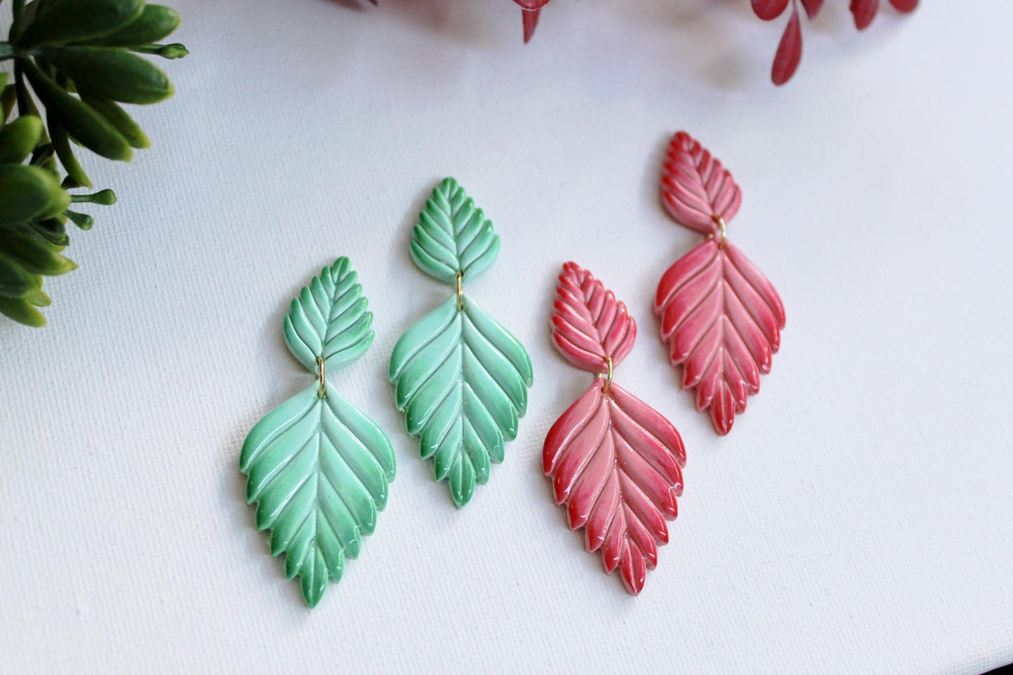 Ombre Leaf Dangle Earrings, Polymer Clay Botanical Statement Earrings, Mint Green & Coral Pink Handmade Lightweight Jewelry Gift for Her
