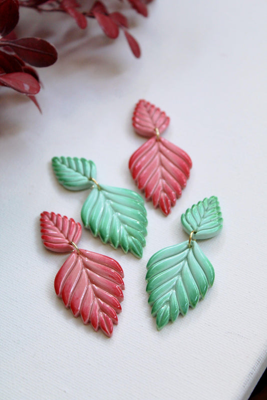 Ombre Leaf Dangle Earrings, Polymer Clay Botanical Statement Earrings, Mint Green & Coral Pink Handmade Lightweight Jewelry Gift for Her