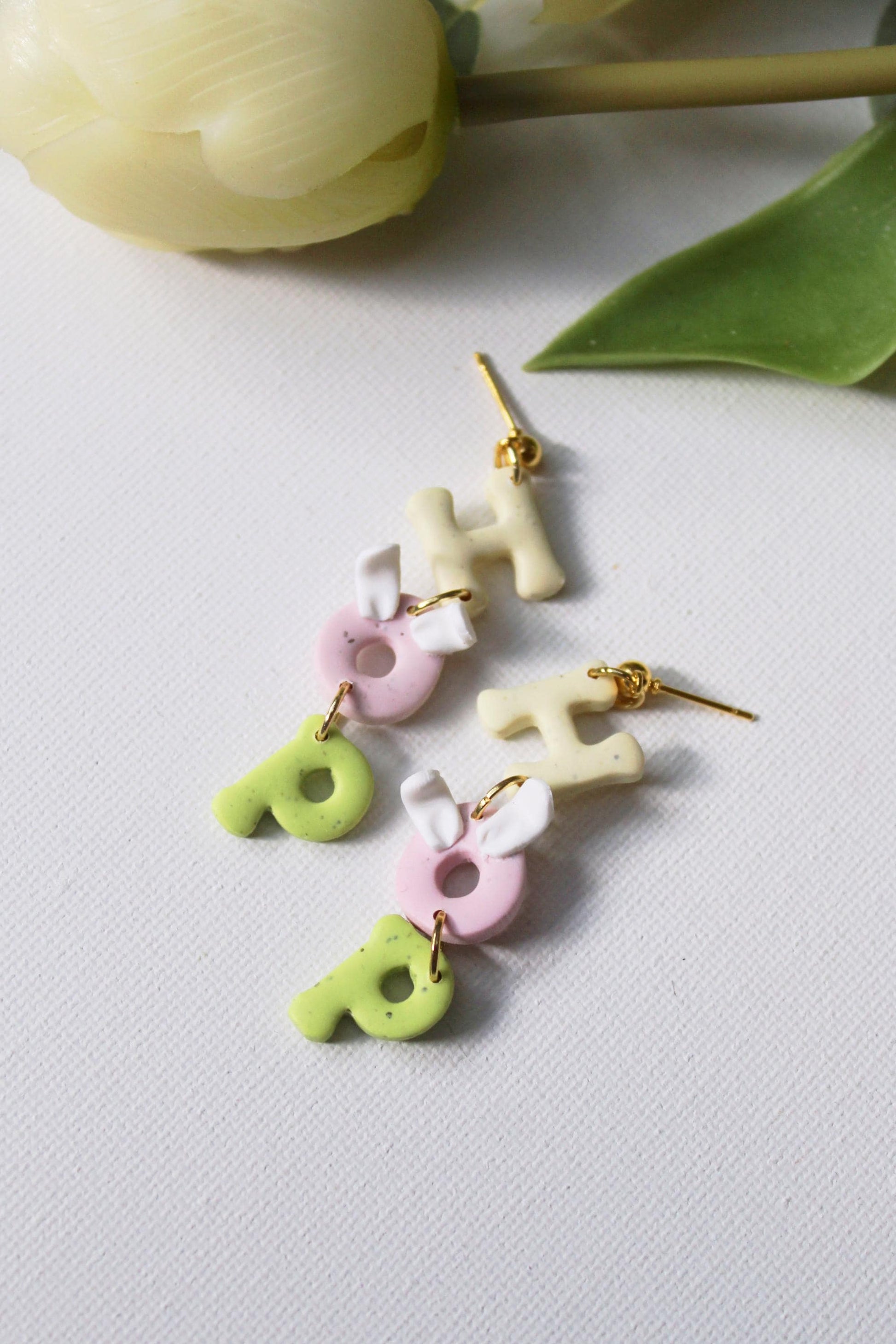 Easter HOP Dangle Earrings, Pastel Polymer Clay Bunny Letter Earrings, Cute Spring Statement Jewelry, Lightweight Handmade Gift for Her