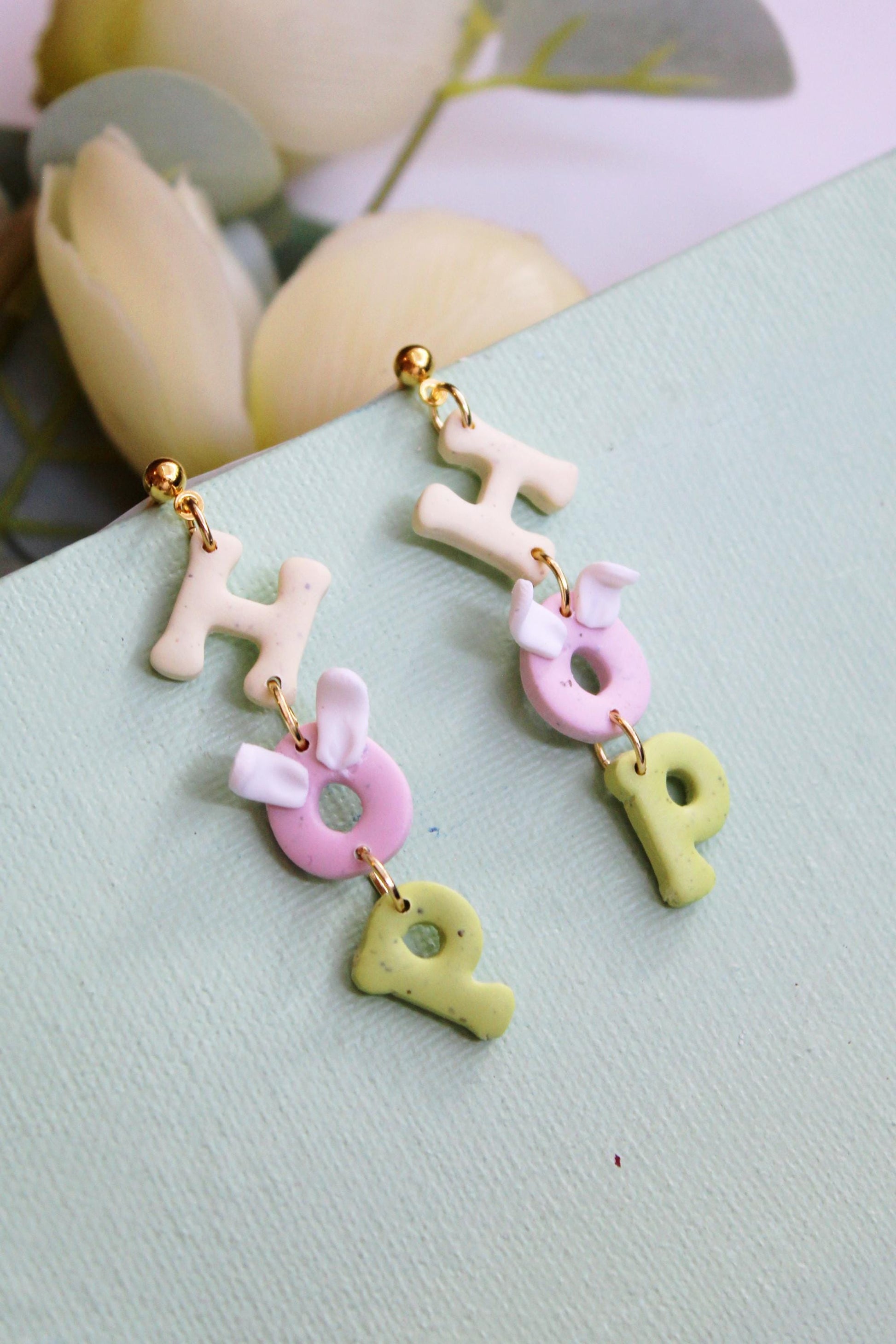 Easter HOP Dangle Earrings, Pastel Polymer Clay Bunny Letter Earrings, Cute Spring Statement Jewelry, Lightweight Handmade Gift for Her