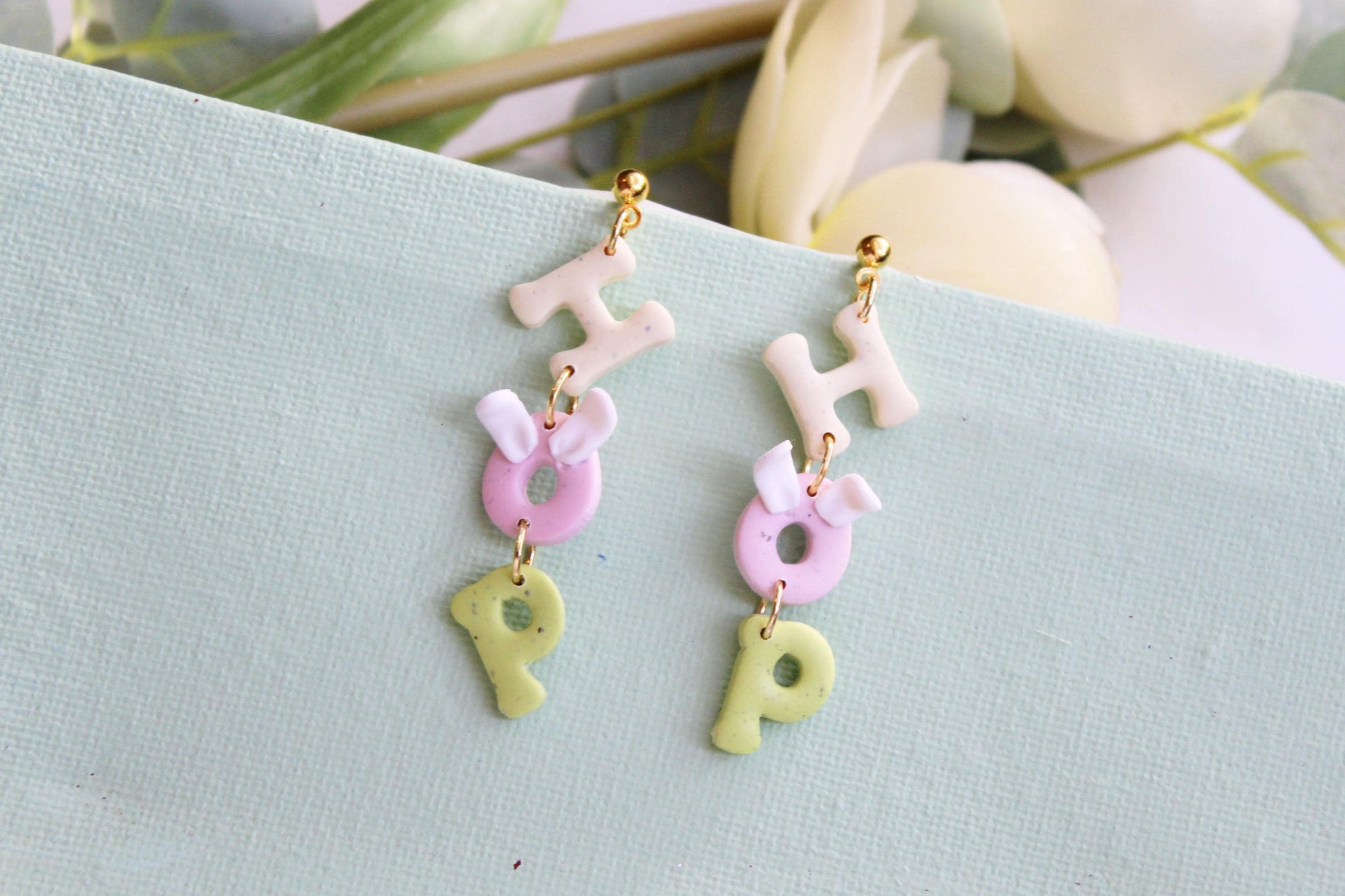 Easter HOP Dangle Earrings, Pastel Polymer Clay Bunny Letter Earrings, Cute Spring Statement Jewelry, Lightweight Handmade Gift for Her