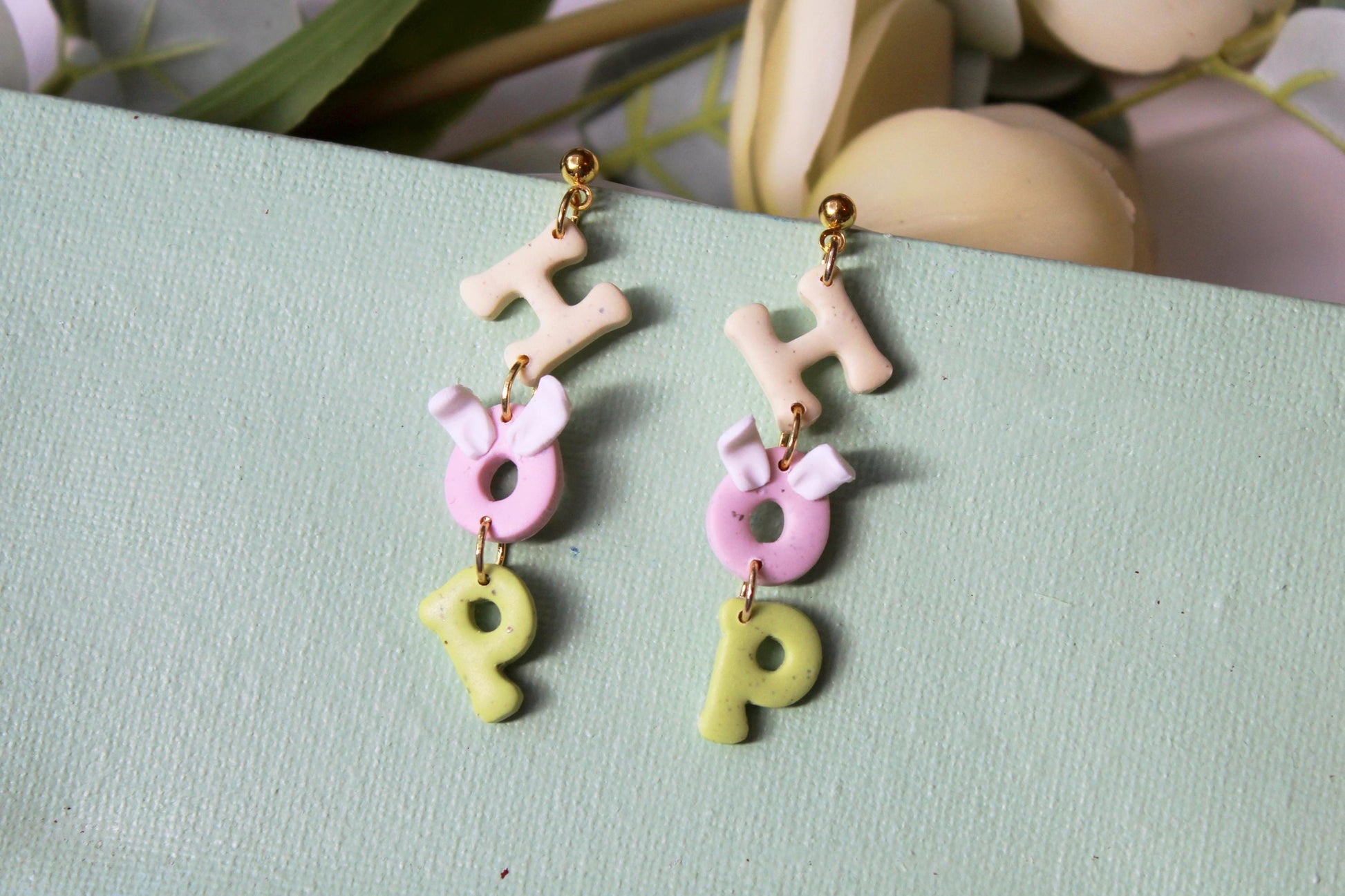 Easter HOP Dangle Earrings, Pastel Polymer Clay Bunny Letter Earrings, Cute Spring Statement Jewelry, Lightweight Handmade Gift for Her