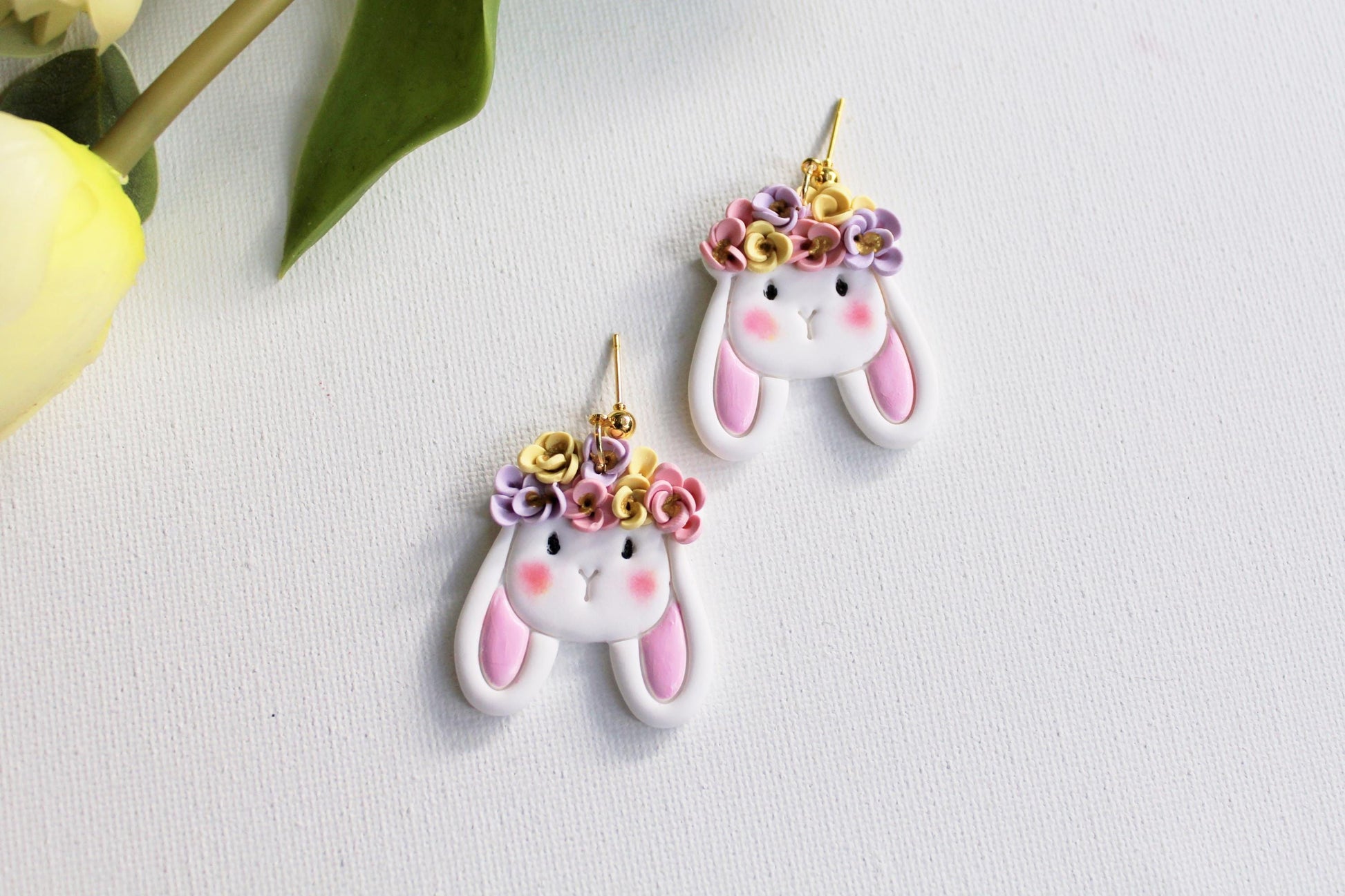 Floral Bunny Dangle Earrings, Polymer Clay Easter Bunny with Flower Crown, Cute Spring Statement Earrings, Handmade Gift for Her,Cottagecore