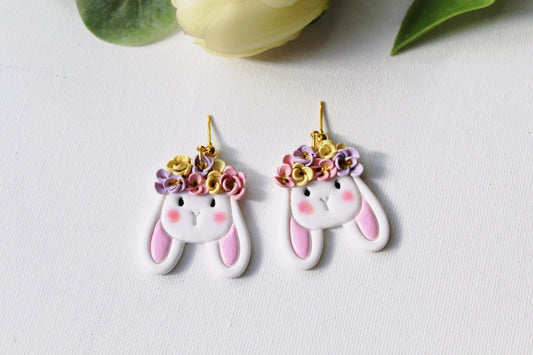 Floral Bunny Dangle Earrings, Polymer Clay Easter Bunny with Flower Crown, Cute Spring Statement Earrings, Handmade Gift for Her,Cottagecore