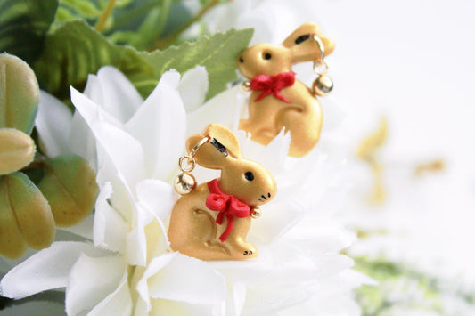 Chocolate Bunny Earrings, Easter Rabbit Polymer Clay Dangle Earrings, Gold & Brown Easter Jewelry, Cute Easter Basket Gift for Her, Handmade