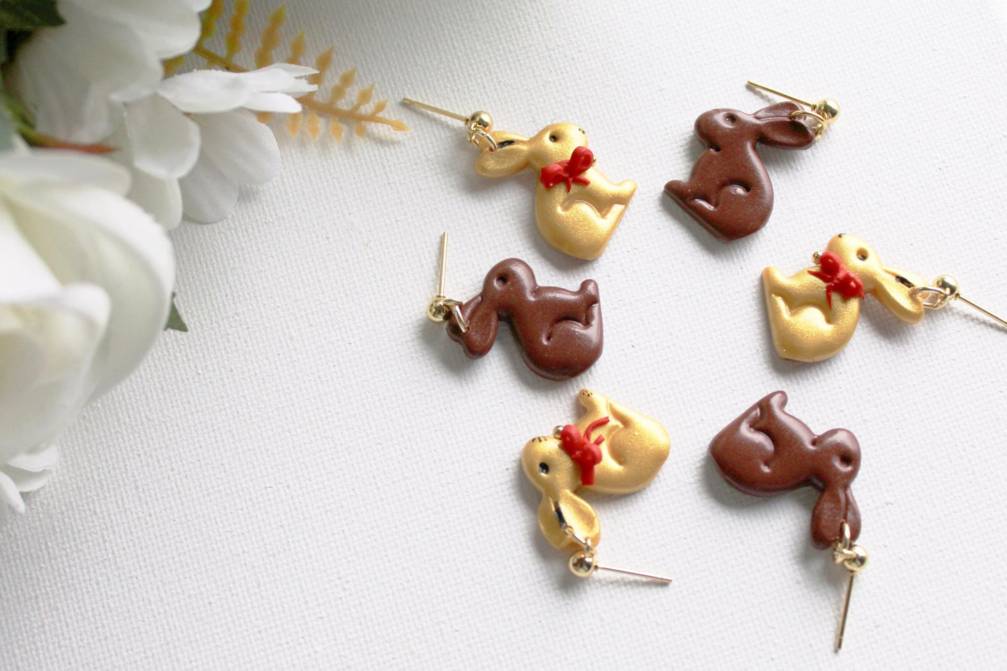 Chocolate Bunny Earrings, Easter Rabbit Polymer Clay Dangle Earrings, Gold & Brown Easter Jewelry, Cute Easter Basket Gift for Her, Handmade