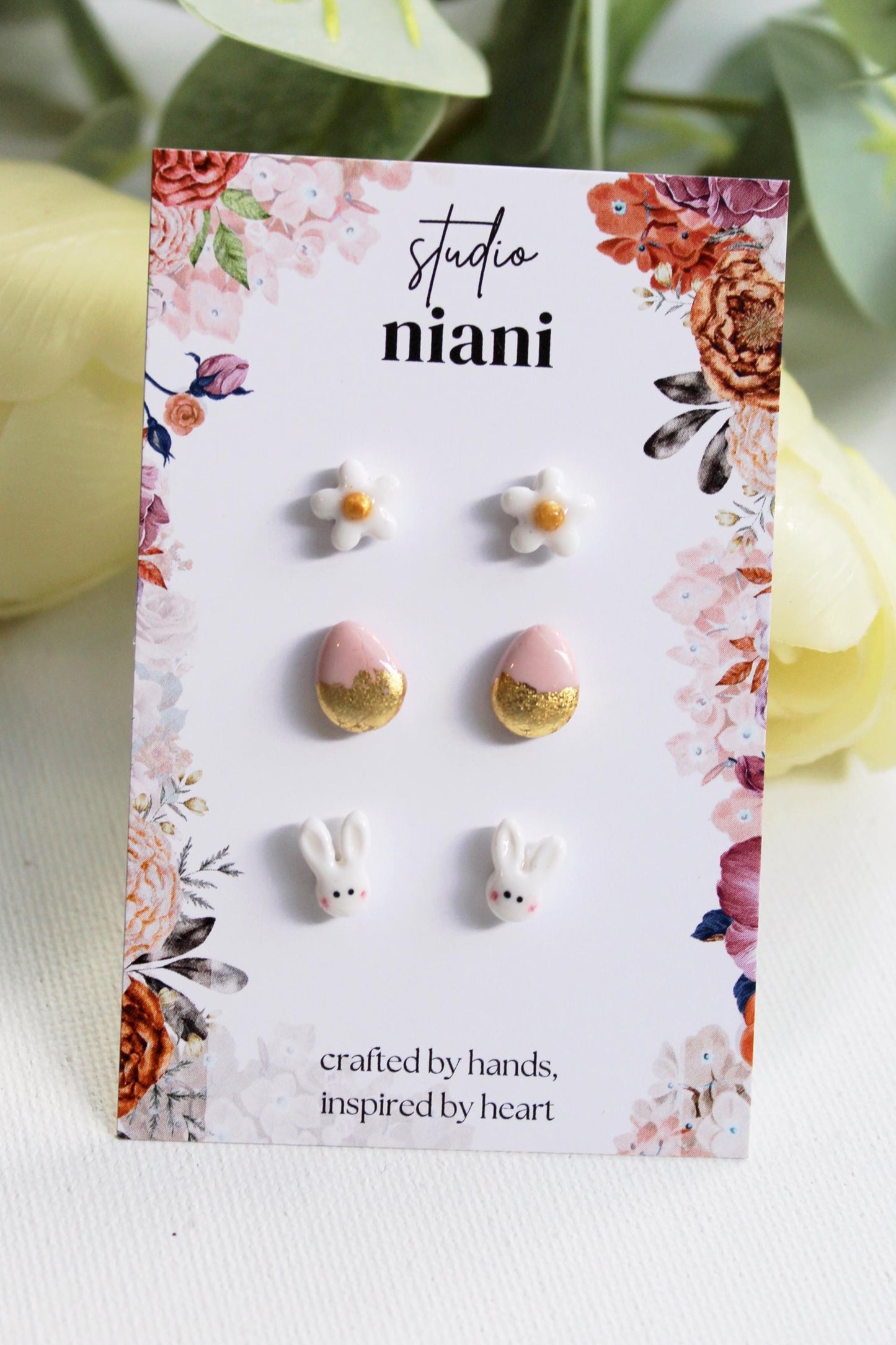 Easter Stud Earrings Set, Bunny Daisy & Gold Egg Polymer Clay Studs, Tiny Spring Earrings, Cute Easter Basket Gift, Tiny Stud Earrings, Gift