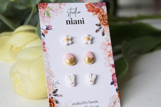 Easter Stud Earrings Set, Bunny Daisy & Gold Egg Polymer Clay Studs, Tiny Spring Earrings, Cute Easter Basket Gift, Tiny Stud Earrings, Gift