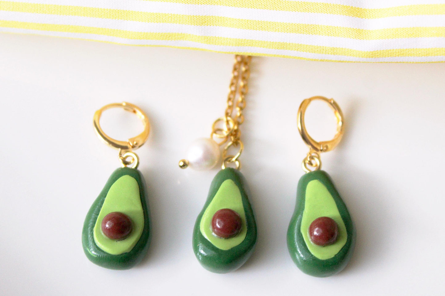 Avocado Earrings, Cute Avocado Earrings and Necklace Set, Fruit Charm Earrings, Handmade Polymer Clay Jewelry, Avocado Jewelry, Summer, Gift
