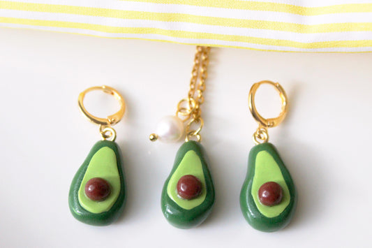 Avocado Earrings, Cute Avocado Earrings and Necklace Set, Fruit Charm Earrings, Handmade Polymer Clay Jewelry, Avocado Jewelry, Summer, Gift