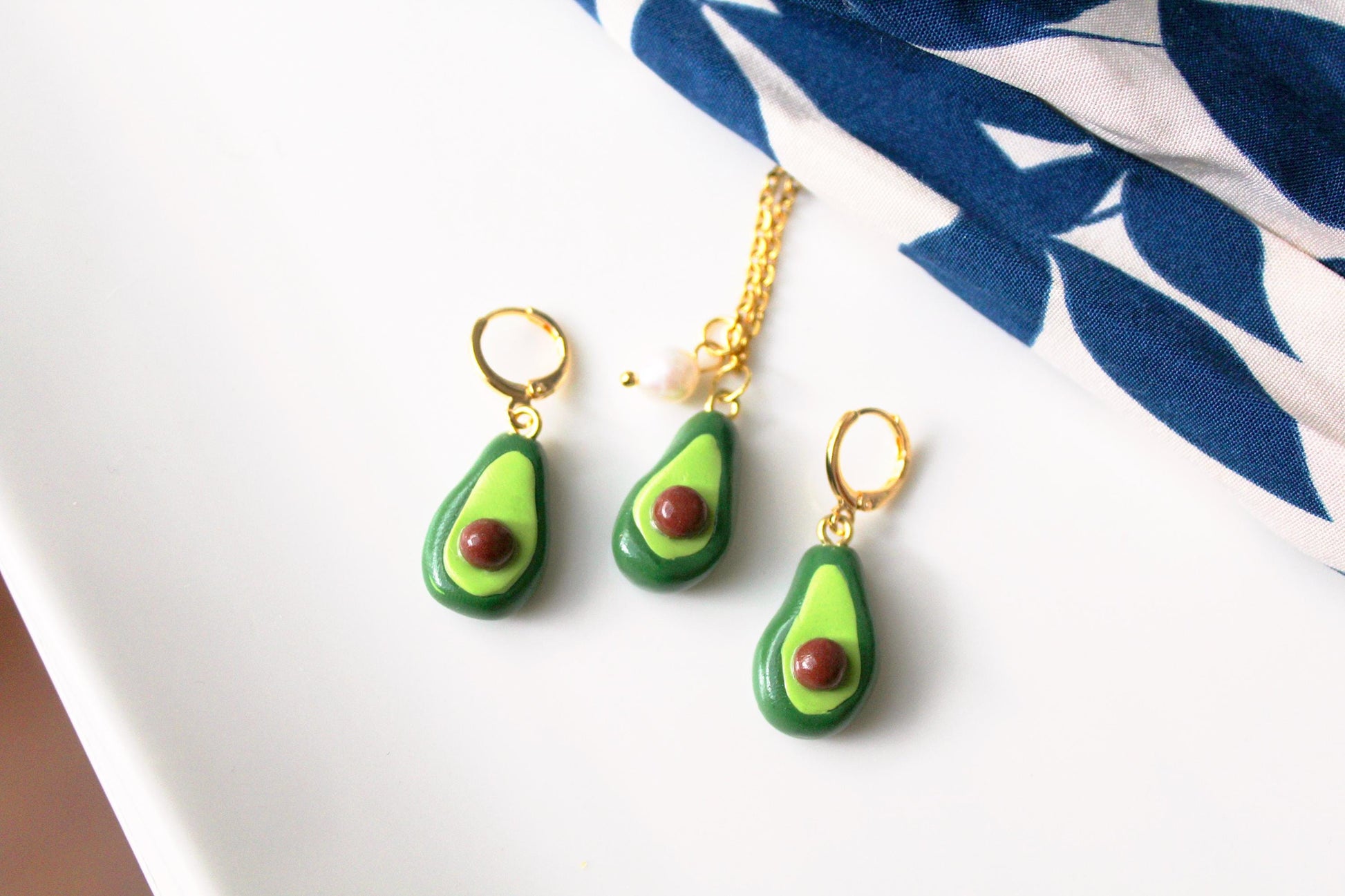 Avocado Earrings, Cute Avocado Earrings and Necklace Set, Fruit Charm Earrings, Handmade Polymer Clay Jewelry, Avocado Jewelry, Summer, Gift