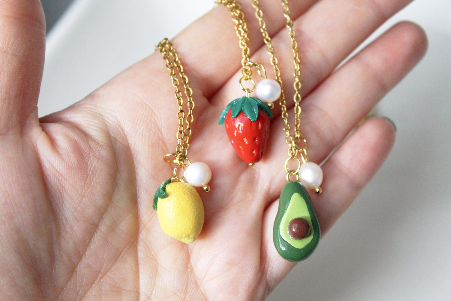 Summer Necklace, Fruit Necklace, Avocado, Strawberry, Lemon, Polymer Clay Necklace, Colorful Necklace ,Handmade,Small Pendant Necklace, Gift