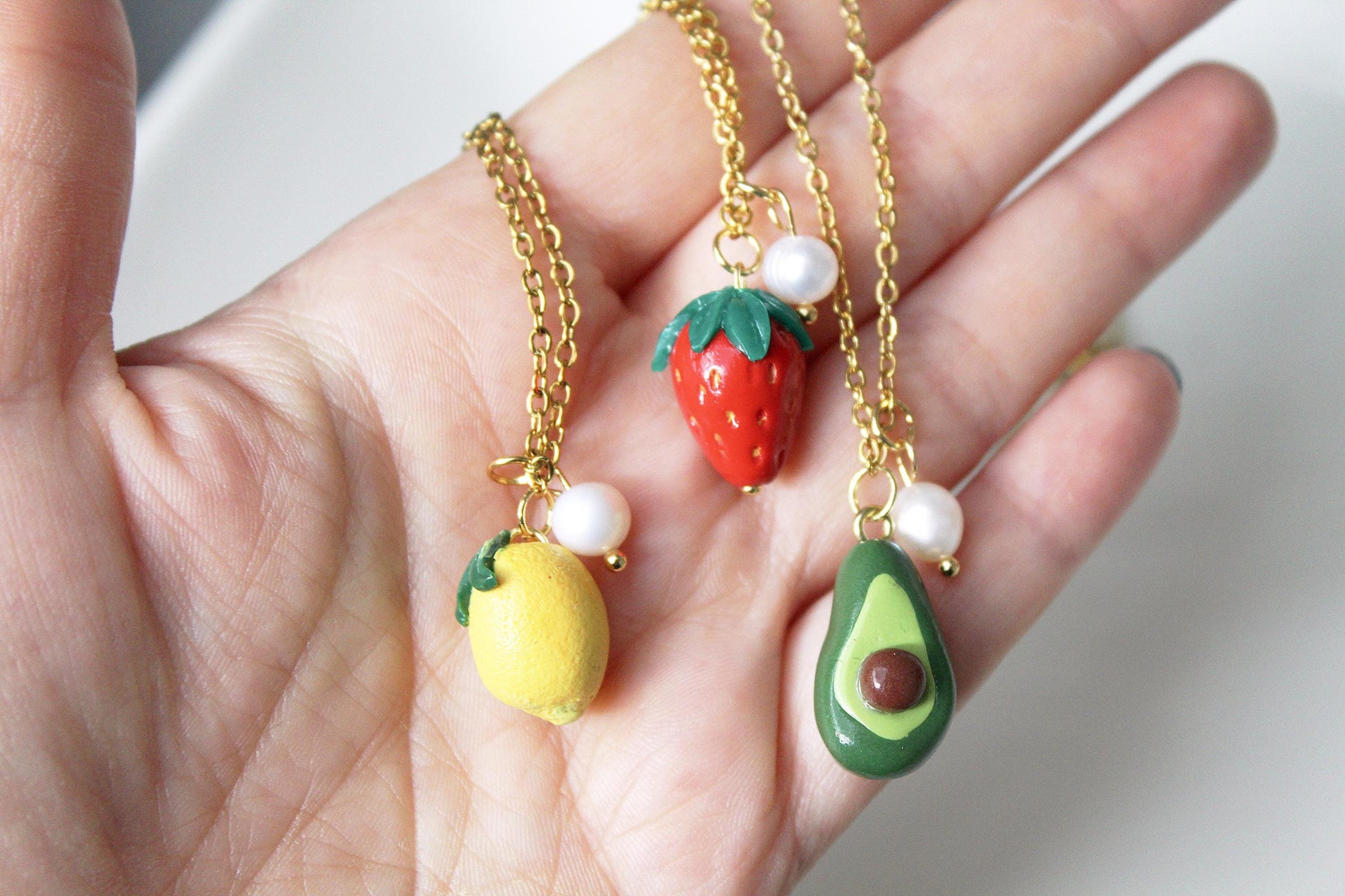 Summer Necklace, Fruit Necklace, Avocado, Strawberry, Lemon, Polymer Clay Necklace, Colorful Necklace ,Handmade,Small Pendant Necklace, Gift
