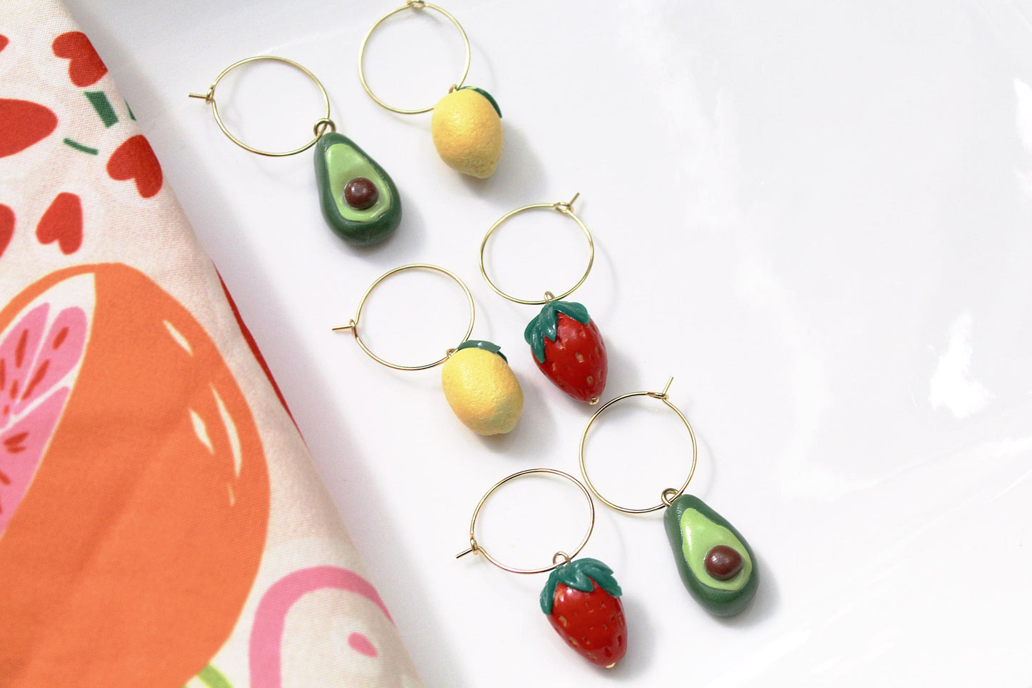 Fruit Hoops, Lemon Strawberry Avocado Hoops, Hoop Earrings, Statement Earrings, Spring Summer Earrings, Polymer Clay Earrings,Miniature food