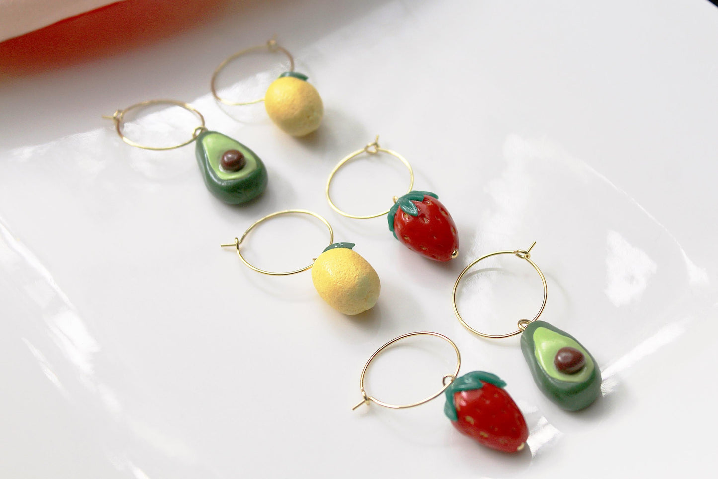 Fruit Hoops, Lemon Strawberry Avocado Hoops, Hoop Earrings, Statement Earrings, Spring Summer Earrings, Polymer Clay Earrings,Miniature food