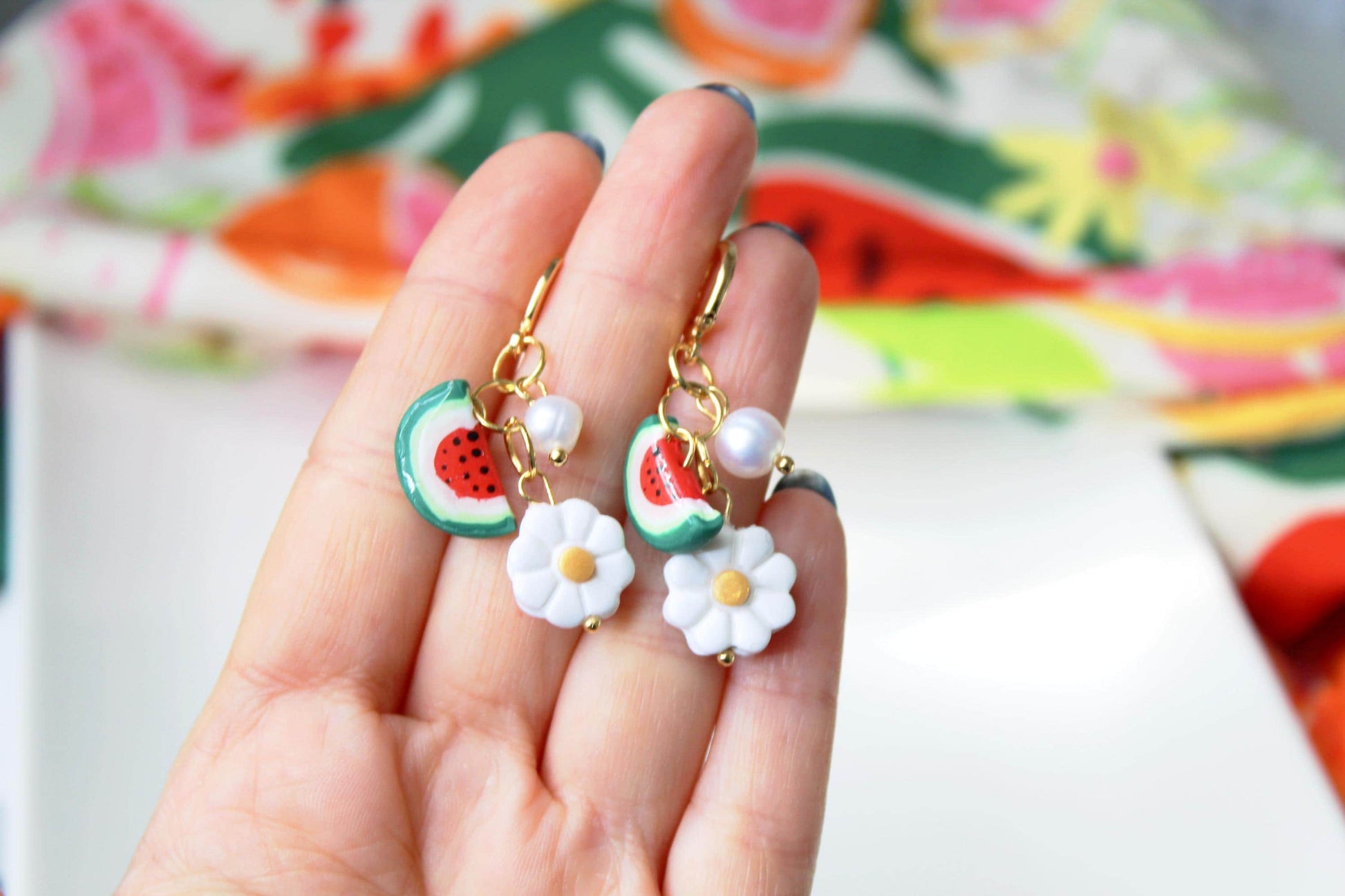 Fruit Dangle Earrings, Summer Earrings, Fruit Charm Earrings, Polymer Clay Jewelry, Watermelon Earrings,Daisy Earrings,Handmade,Gift for Her