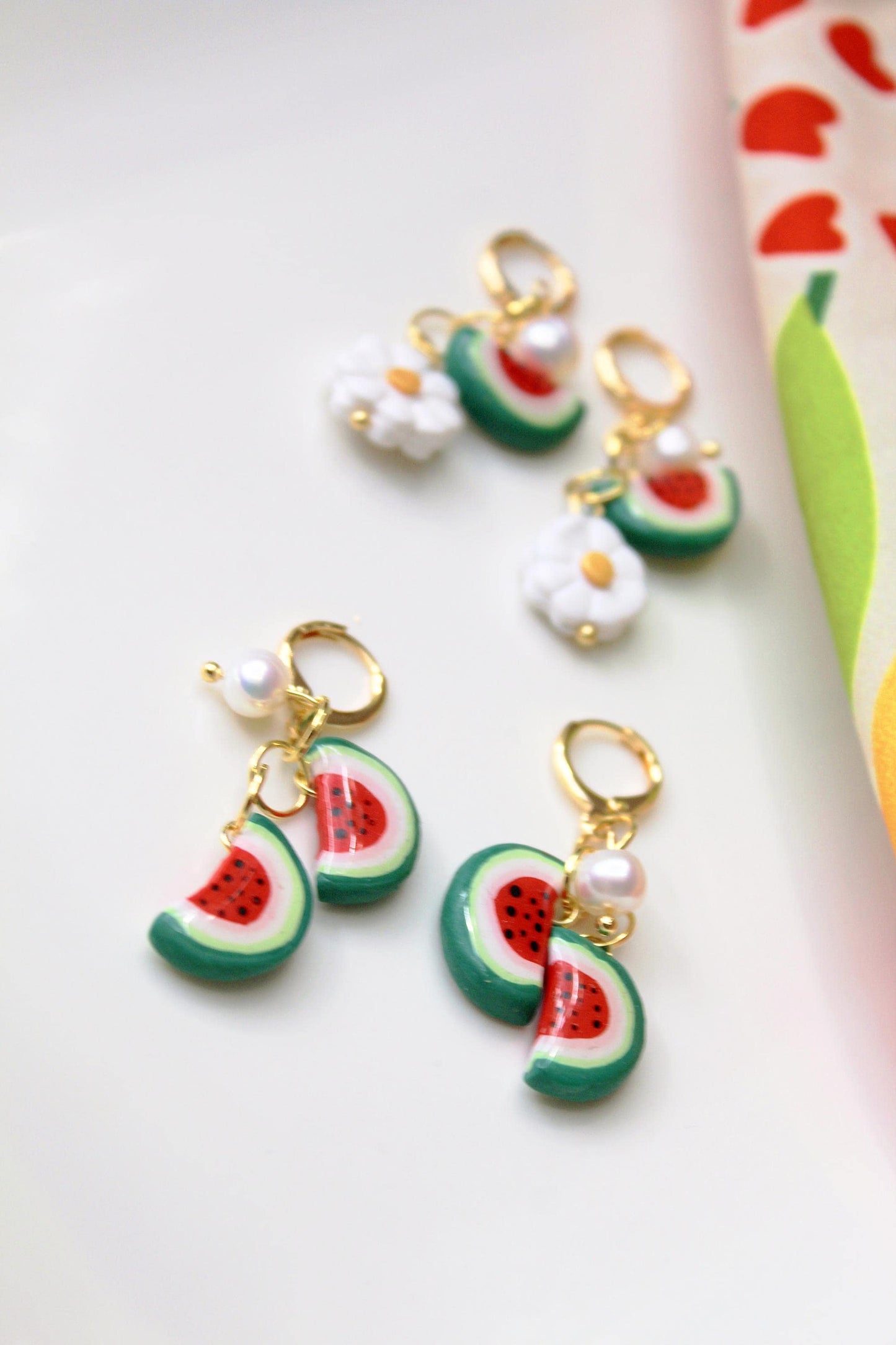 Fruit Dangle Earrings, Summer Earrings, Fruit Charm Earrings, Polymer Clay Jewelry, Watermelon Earrings,Daisy Earrings,Handmade,Gift for Her