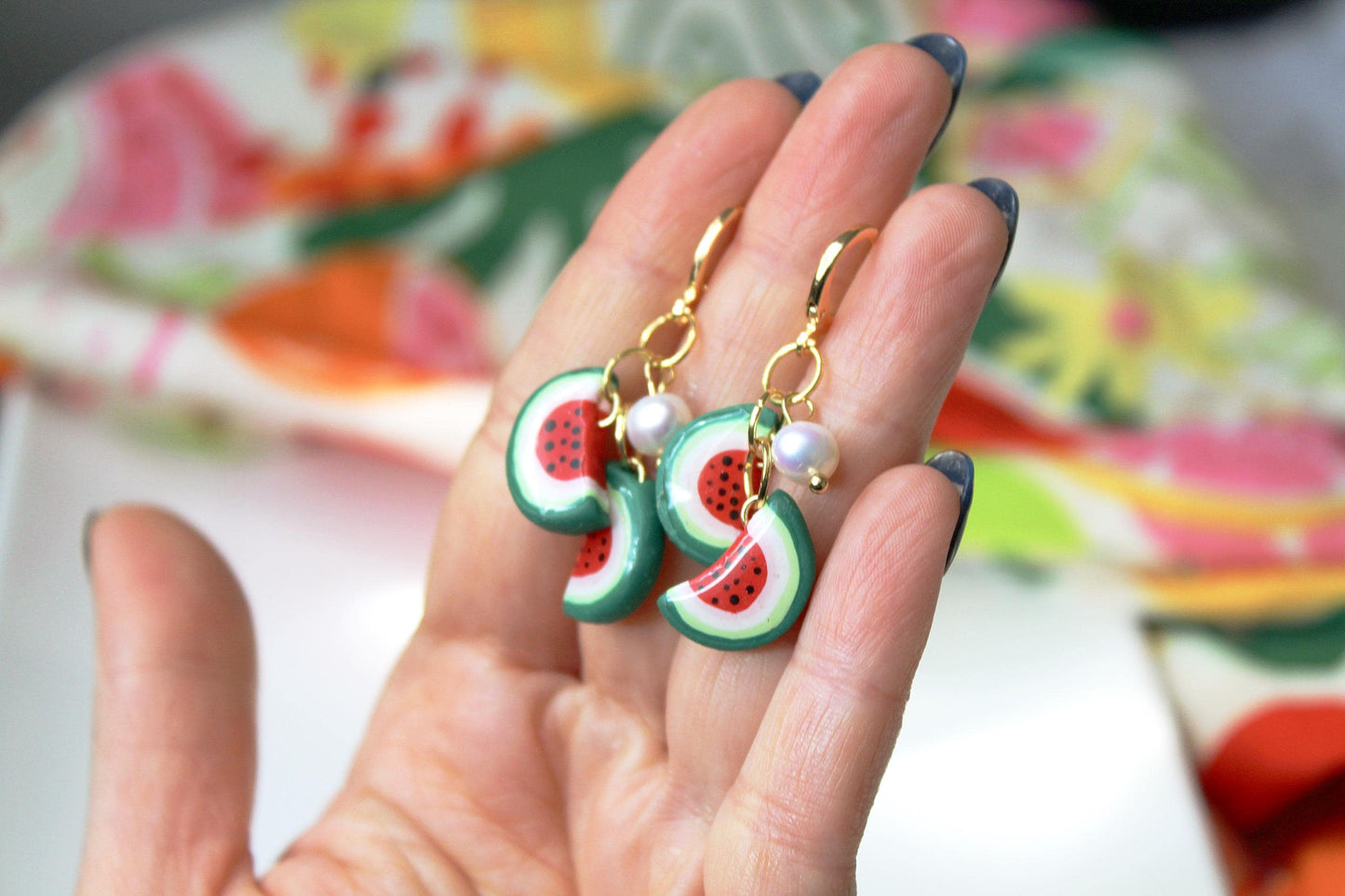 Fruit Dangle Earrings, Summer Earrings, Fruit Charm Earrings, Polymer Clay Jewelry, Watermelon Earrings,Daisy Earrings,Handmade,Gift for Her