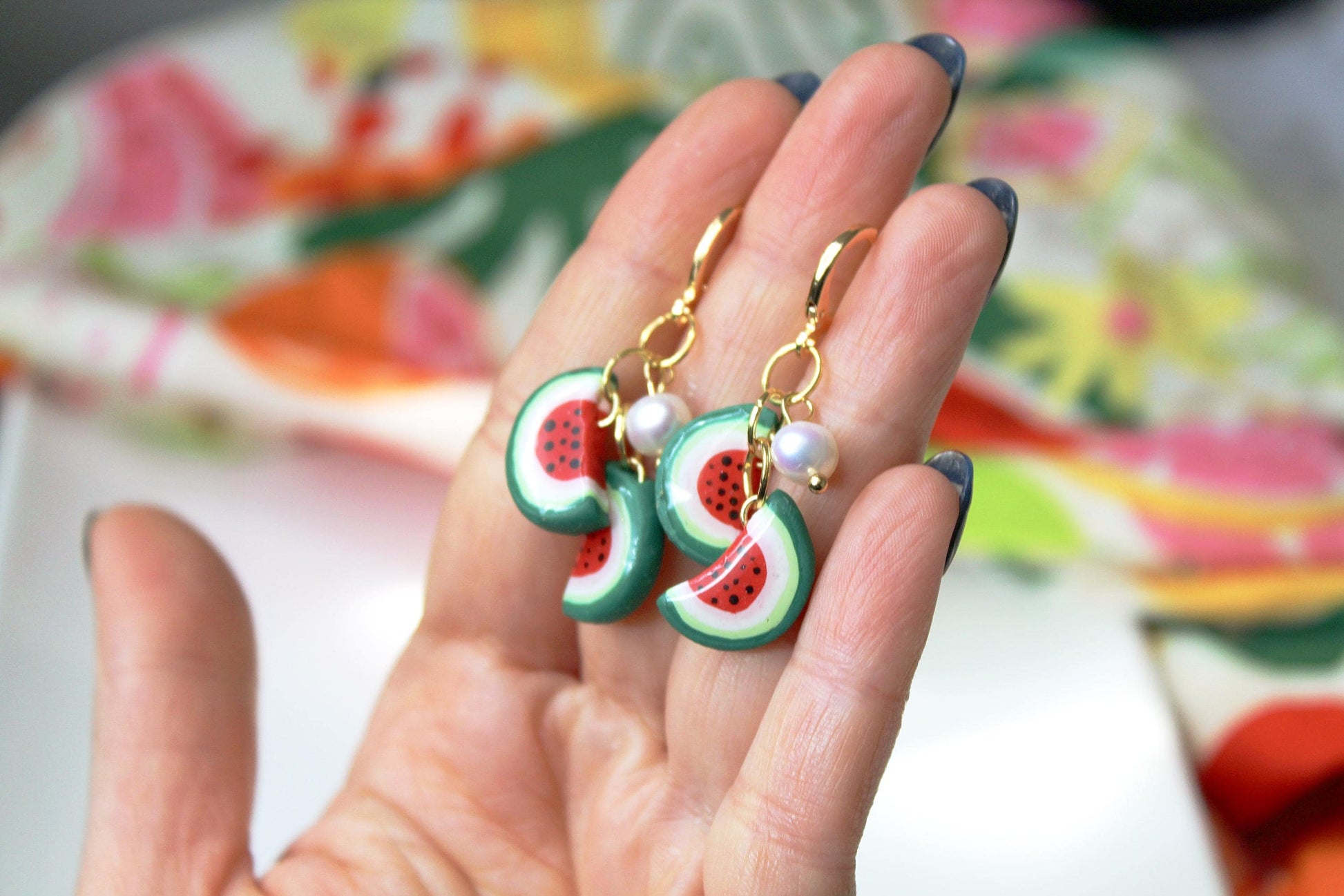 Fruit Dangle Earrings, Summer Earrings, Fruit Charm Earrings, Polymer Clay Jewelry, Watermelon Earrings,Daisy Earrings,Handmade,Gift for Her