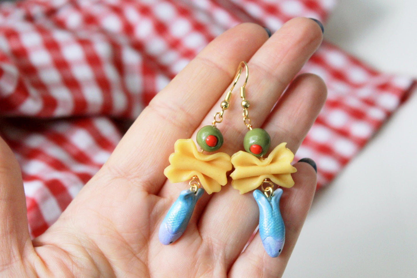 Sardine Pasta Earrings, Farfalle Pasta Earrings, Sardine Earrings, Summer Earrings, Handmade Earrings, Polymer Clay Food Jewelry,Summer Gift