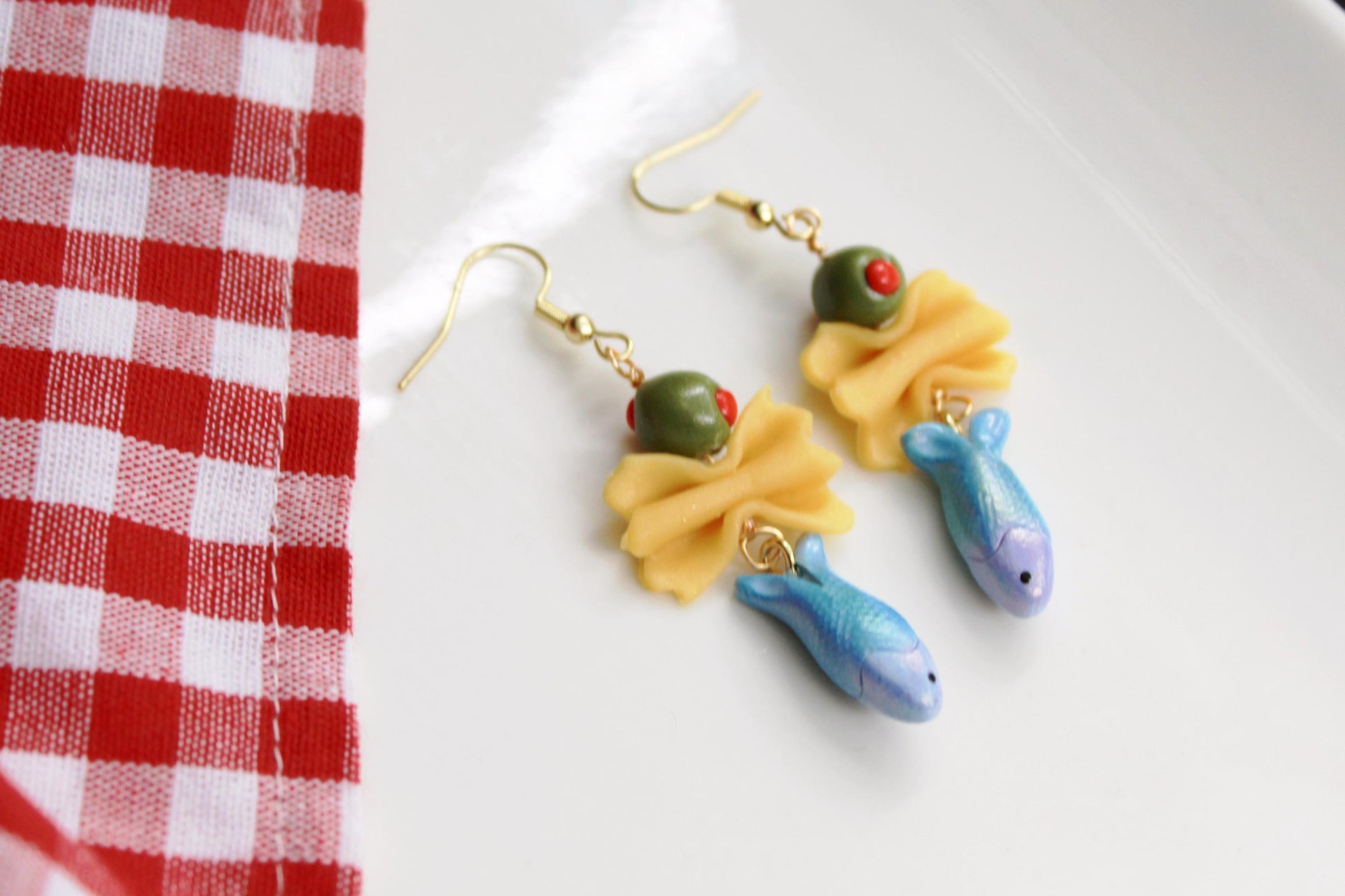 Sardine Pasta Earrings, Farfalle Pasta Earrings, Sardine Earrings, Summer Earrings, Handmade Earrings, Polymer Clay Food Jewelry,Summer Gift