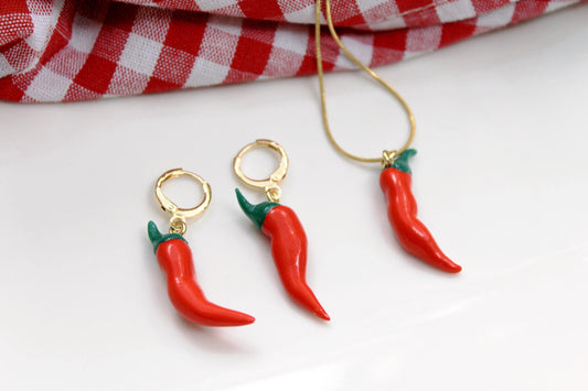 Chilli Pepper Earrings, Chili Pepper Earrings and Necklace Set, Spicy Red Pepper Set, Handmade Polymer Clay Jewelry, Chilli Pepper Necklace