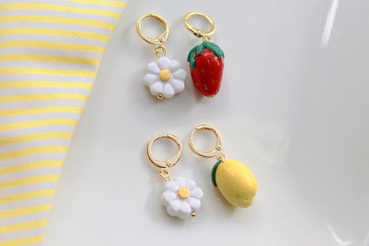 Cute Strawberry Lemon Daisy Earrings, Fruit Charm Earrings, Handmade Polymer Clay Jewelry, Lemon Earrings, Strawberry Earrings, Summer, Gift