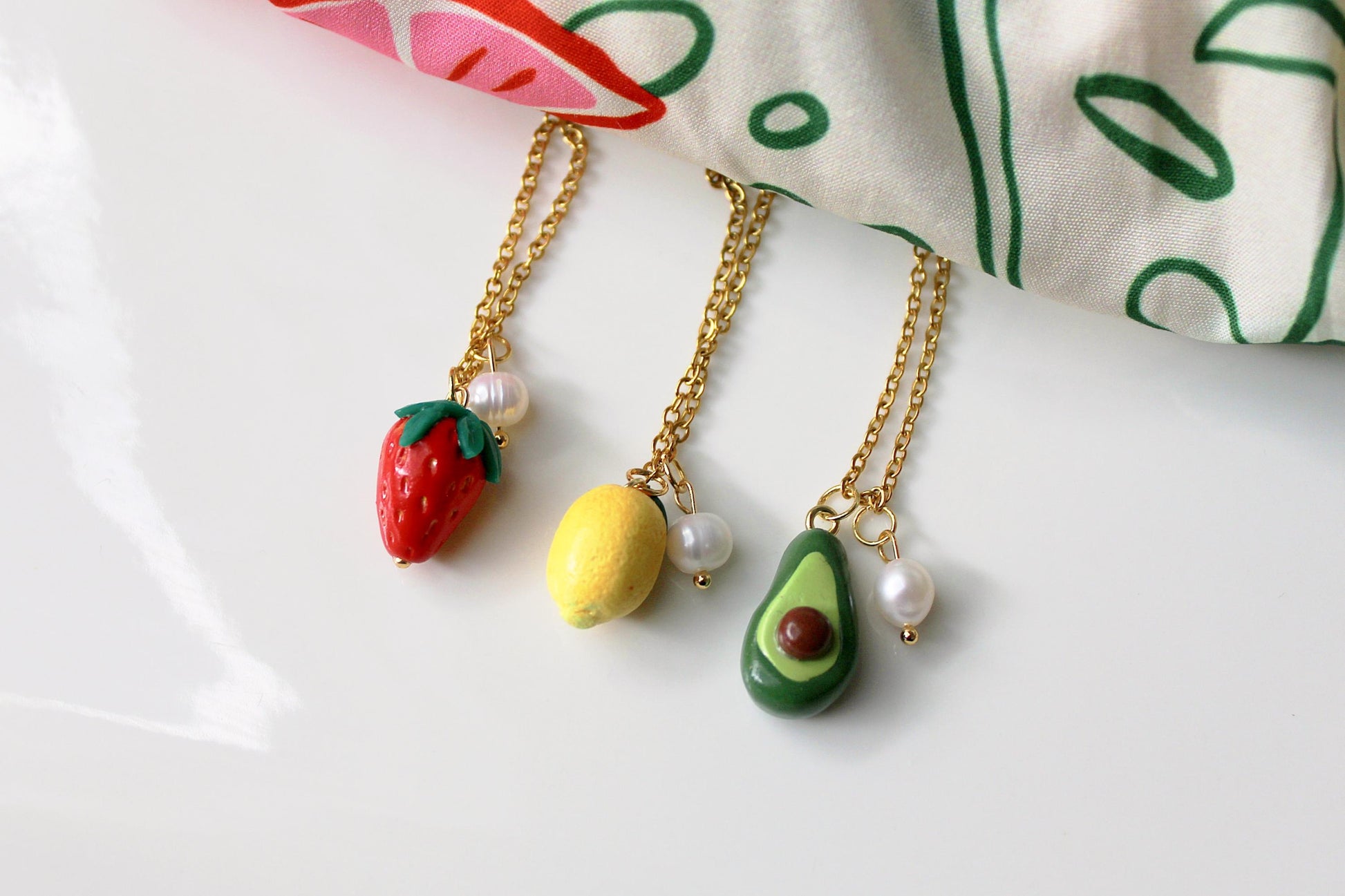 Summer Necklace, Fruit Necklace, Avocado, Strawberry, Lemon, Polymer Clay Necklace, Colorful Necklace ,Handmade,Small Pendant Necklace, Gift