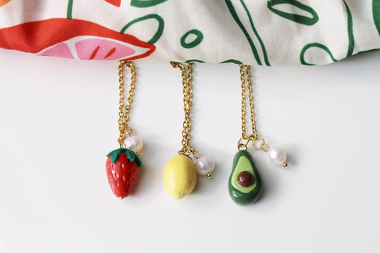 Summer Necklace, Fruit Necklace, Avocado, Strawberry, Lemon, Polymer Clay Necklace, Colorful Necklace ,Handmade,Small Pendant Necklace, Gift