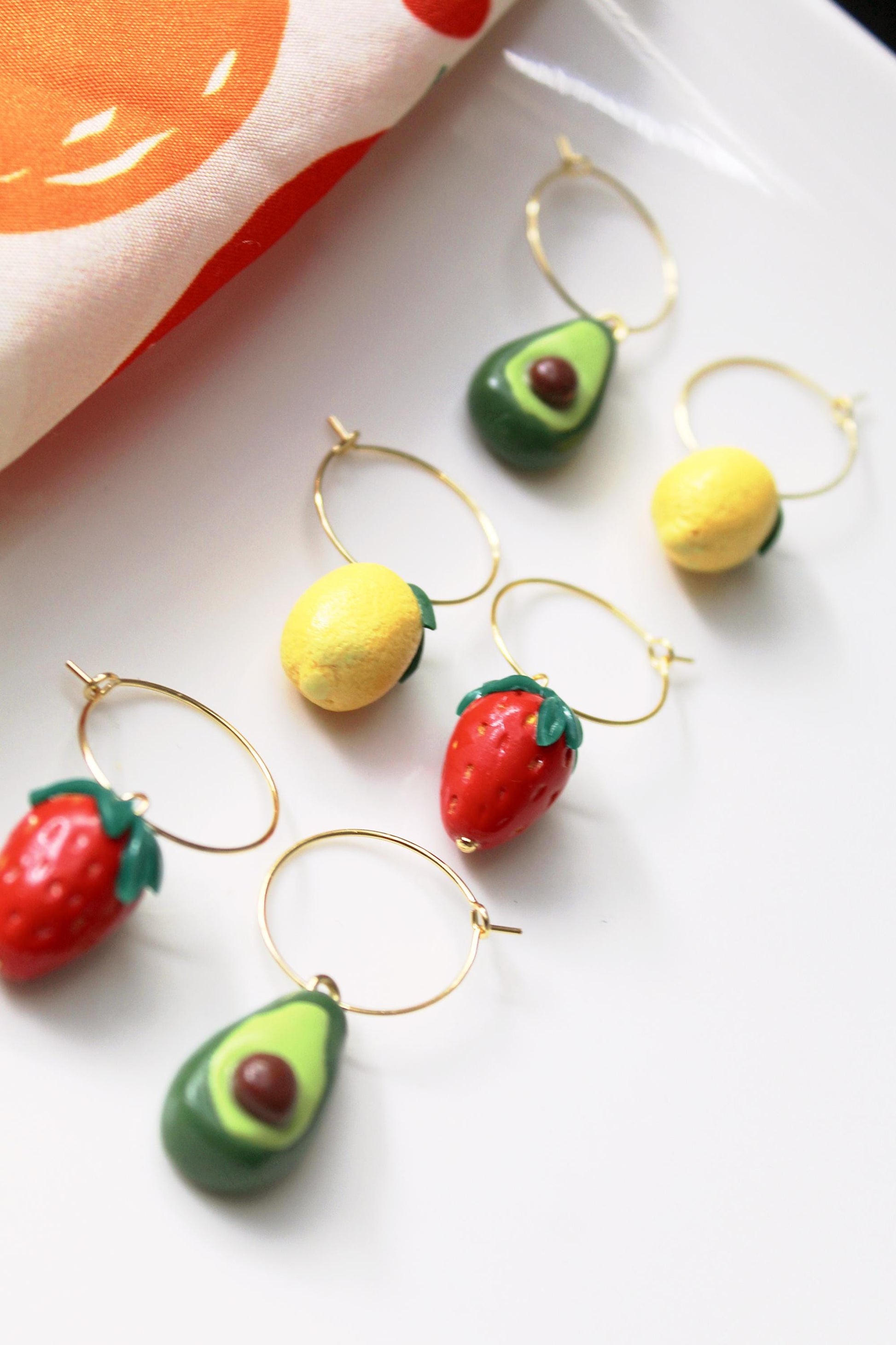 Fruit Hoops, Lemon Strawberry Avocado Hoops, Hoop Earrings, Statement Earrings, Spring Summer Earrings, Polymer Clay Earrings,Miniature food