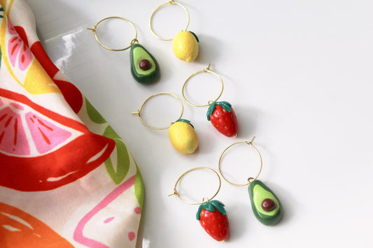 Fruit Hoops, Lemon Strawberry Avocado Hoops, Hoop Earrings, Statement Earrings, Spring Summer Earrings, Polymer Clay Earrings,Miniature food
