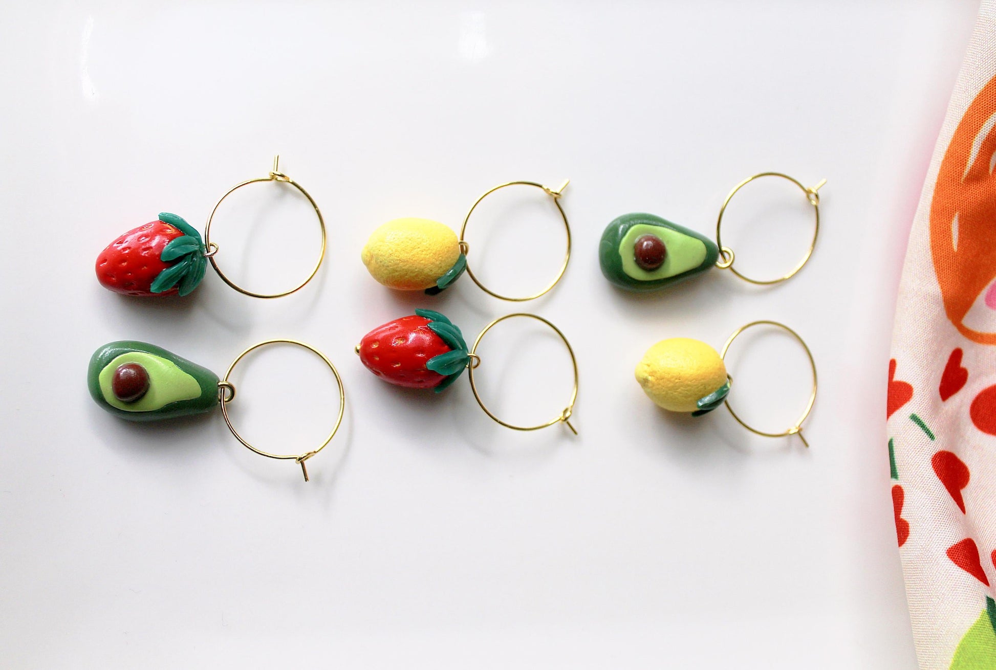Fruit Hoops, Lemon Strawberry Avocado Hoops, Hoop Earrings, Statement Earrings, Spring Summer Earrings, Polymer Clay Earrings,Miniature food