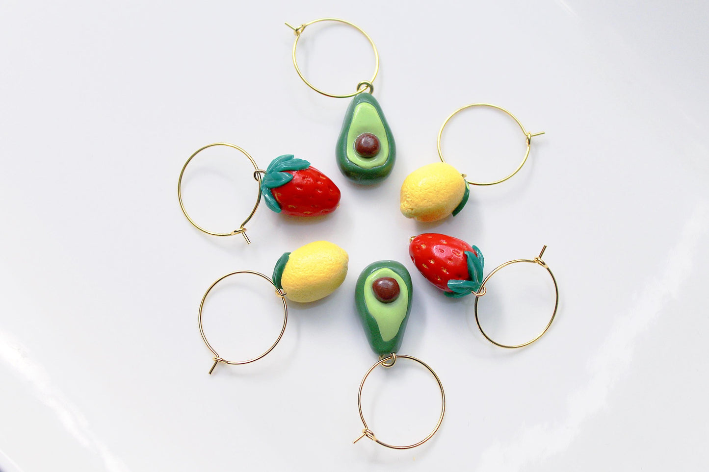 Fruit Hoops, Lemon Strawberry Avocado Hoops, Hoop Earrings, Statement Earrings, Spring Summer Earrings, Polymer Clay Earrings,Miniature food
