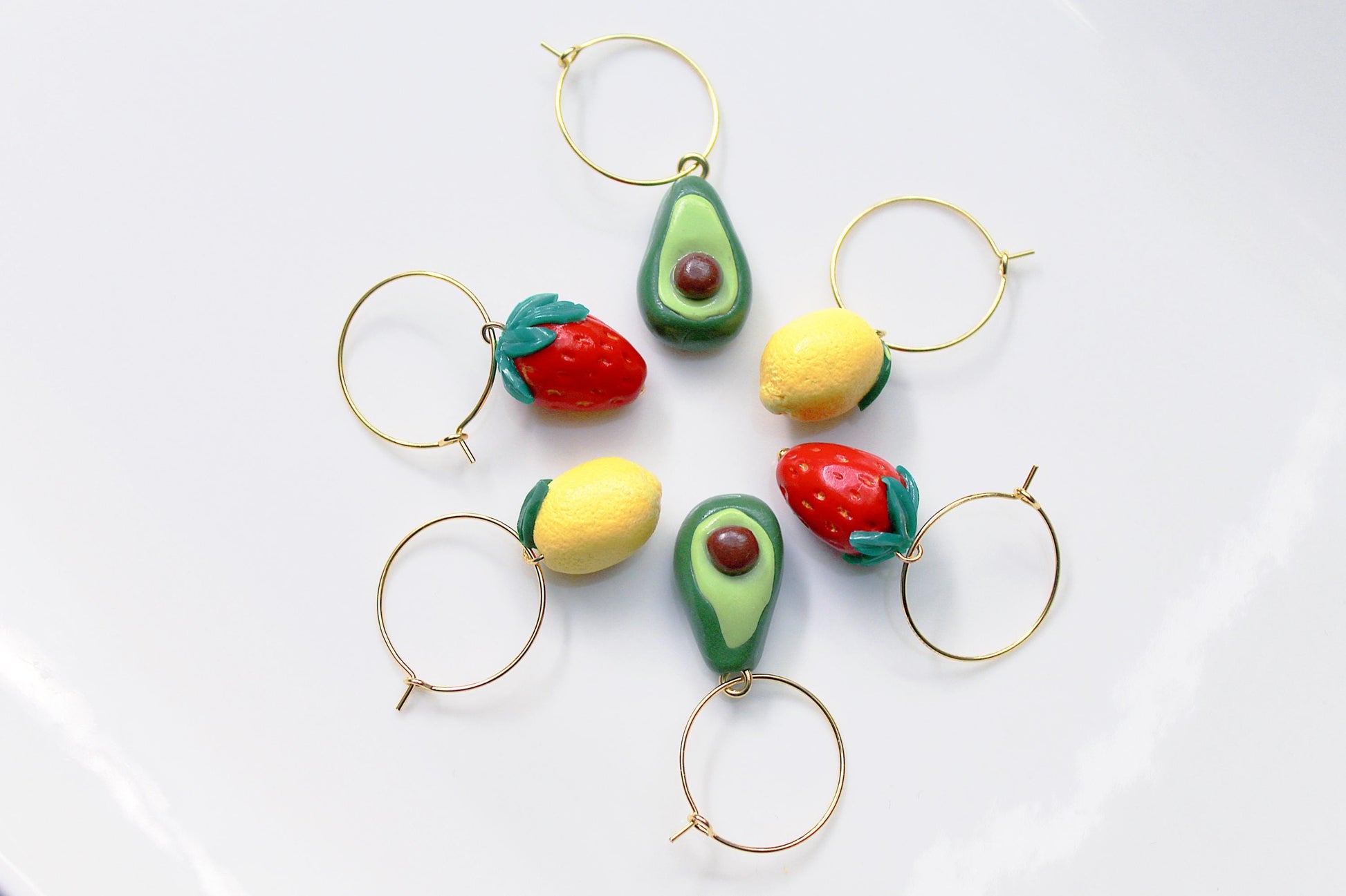 Fruit Hoops, Lemon Strawberry Avocado Hoops, Hoop Earrings, Statement Earrings, Spring Summer Earrings, Polymer Clay Earrings,Miniature food
