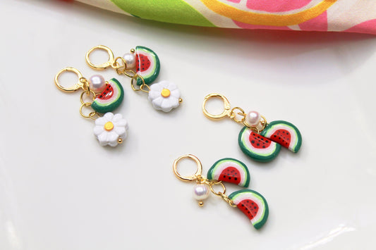 Fruit Dangle Earrings, Summer Earrings, Fruit Charm Earrings, Polymer Clay Jewelry, Watermelon Earrings,Daisy Earrings,Handmade,Gift for Her
