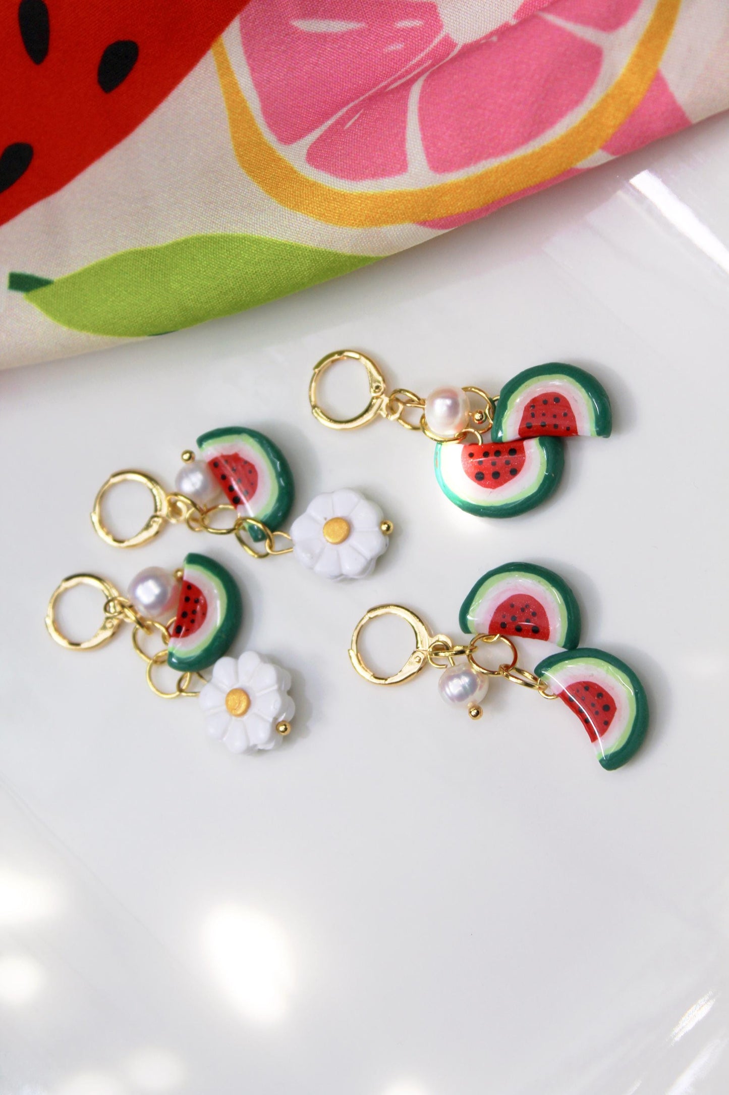 Fruit Dangle Earrings, Summer Earrings, Fruit Charm Earrings, Polymer Clay Jewelry, Watermelon Earrings,Daisy Earrings,Handmade,Gift for Her