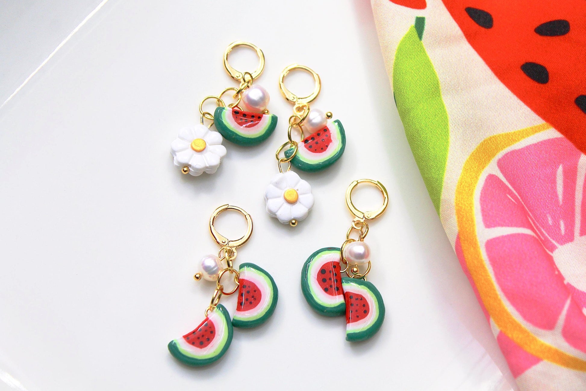 Fruit Dangle Earrings, Summer Earrings, Fruit Charm Earrings, Polymer Clay Jewelry, Watermelon Earrings,Daisy Earrings,Handmade,Gift for Her