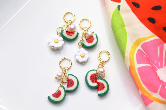 Fruit Dangle Earrings, Summer Earrings, Fruit Charm Earrings, Polymer Clay Jewelry, Watermelon Earrings,Daisy Earrings,Handmade,Gift for Her
