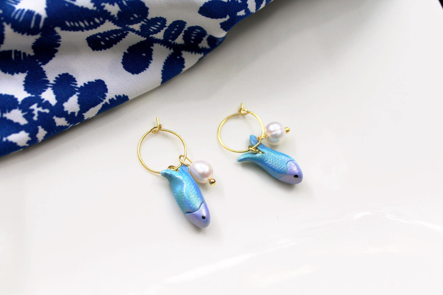 Sardine Hoop Earrings, Summer Earrings, Handmade Polymer Clay Fish Earrings, Minimal Ocean Jewelry, Polymer Clay Food Jewelry, Summer Gift