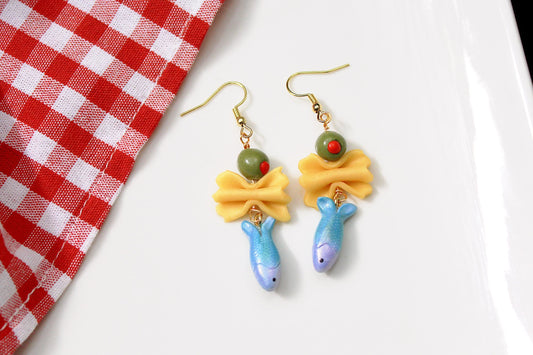 Sardine Pasta Earrings, Farfalle Pasta Earrings, Sardine Earrings, Summer Earrings, Handmade Earrings, Polymer Clay Food Jewelry,Summer Gift