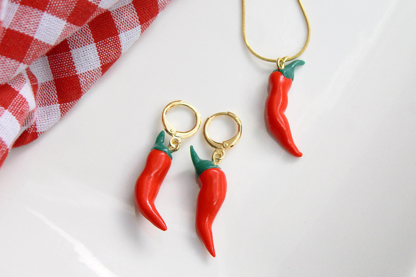 Chilli Pepper Earrings, Chili Pepper Earrings and Necklace Set, Spicy Red Pepper Set, Handmade Polymer Clay Jewelry, Chilli Pepper Necklace
