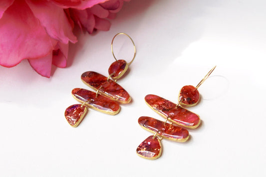 Red Stone Earrings, Polymer Clay Earrings, Handmade Earrings, Statement Earrings, Faux Stone Earrings, Organic, Marble Earrings, Unique,Gift