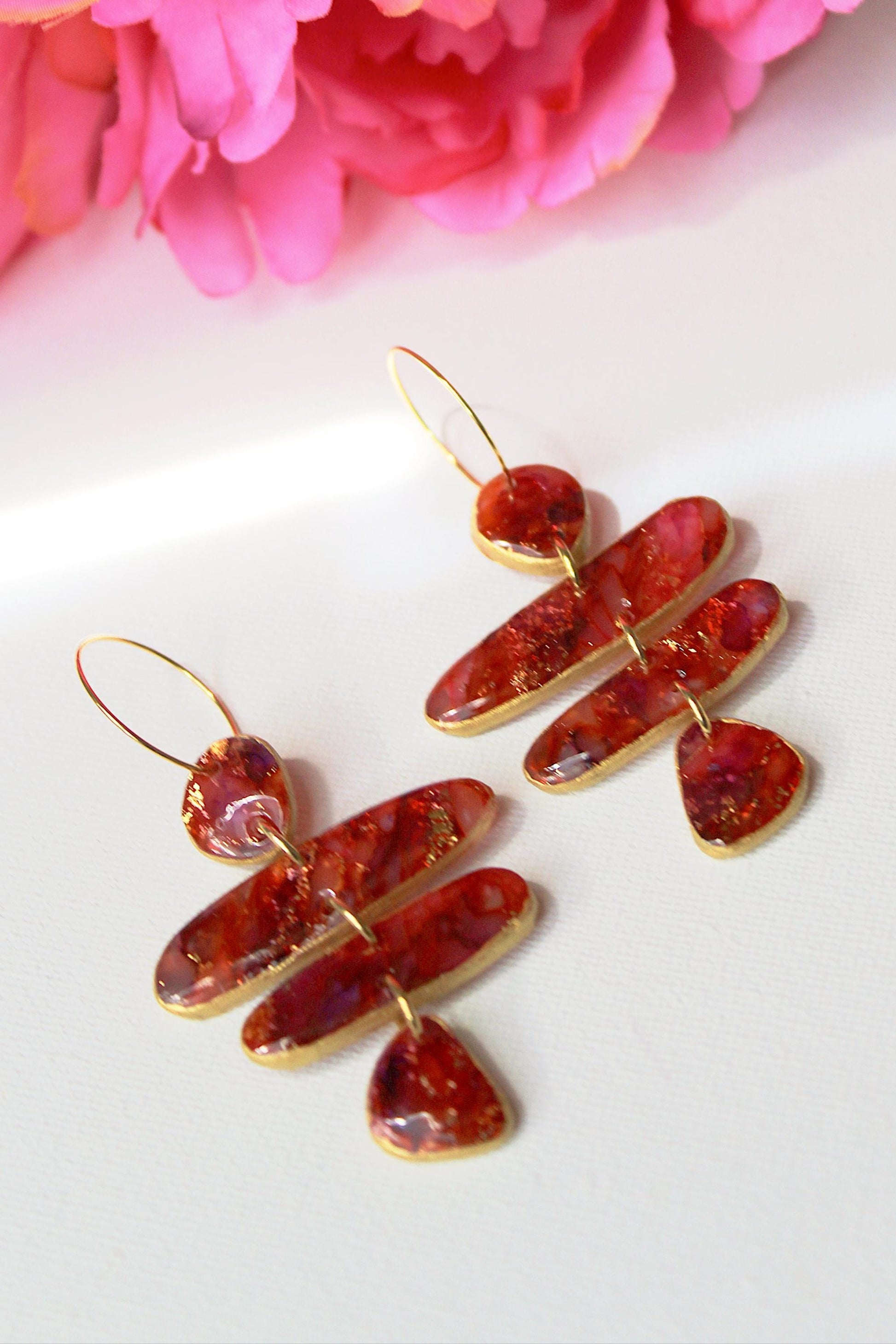 Red Stone Earrings, Polymer Clay Earrings, Handmade Earrings, Statement Earrings, Faux Stone Earrings, Organic, Marble Earrings, Unique,Gift