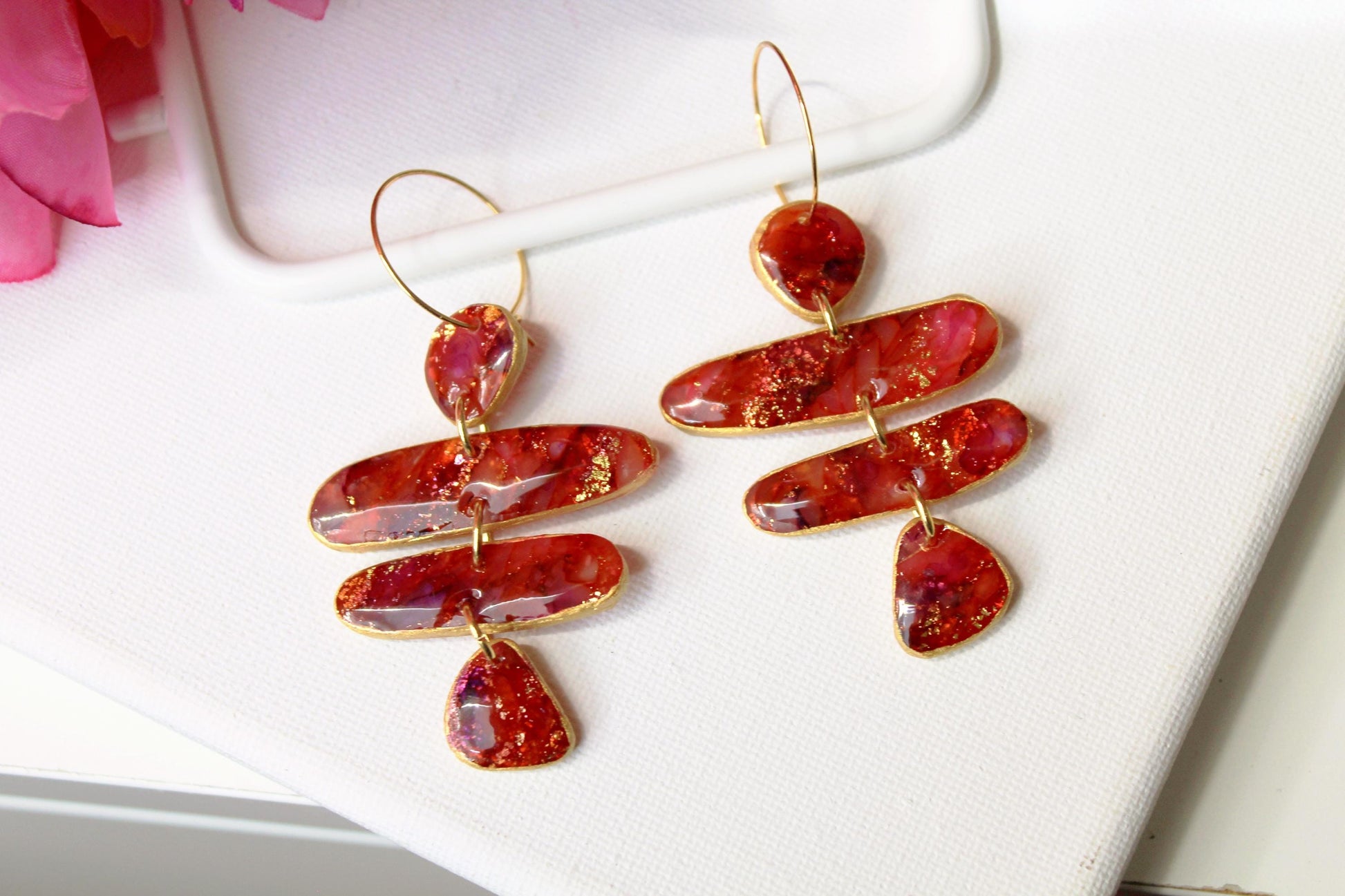 Red Stone Earrings, Polymer Clay Earrings, Handmade Earrings, Statement Earrings, Faux Stone Earrings, Organic, Marble Earrings, Unique,Gift