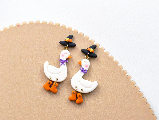 Goose Earrings, Halloween Polymer Clay Earrings, Halloween Dangle Earrings, Witch Earrings with Boots, Clay Earrings, Handmade, Gift for her