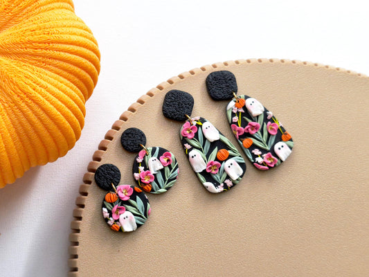 Ghost Earrings, Halloween Earrings, Polymer Clay Earrings, Spooky, Black Earrings, Clay Earrings, Cute Ghost and Pumpkin Earrings, Gift,Fall