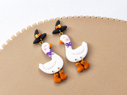 Goose Earrings, Halloween Polymer Clay Earrings, Halloween Dangle Earrings, Witch Earrings with Boots, Clay Earrings, Handmade, Gift for her