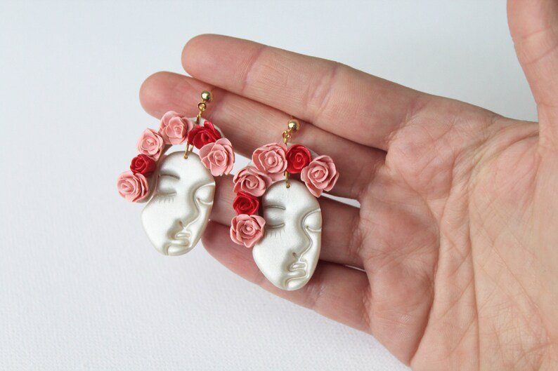 Abstract Face Earrings, Polymer Clay Earrings, Floral Rose Earrings - Studio Niani