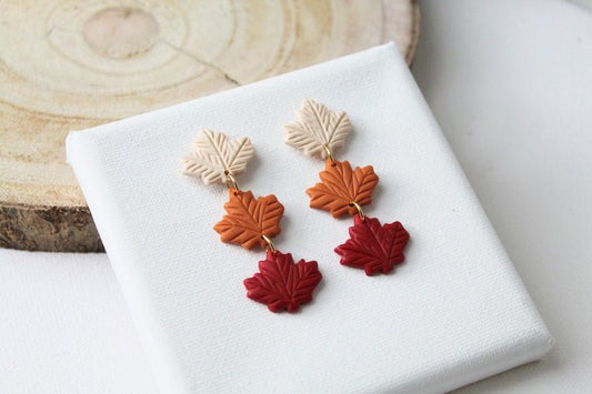 Autumn Leaf Earrings, Polymer Clay Earrings, Beige, Red, Orange - Studio Niani